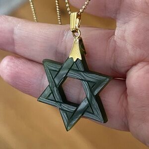 Carved natural Nephrite jade Star of David & 18K gold plated adjustable chain